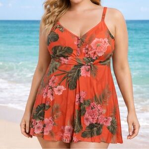 Swim Cacique Womens One Piece Swim Skirt Swimsuit Size 20 Orange Floral No Wire